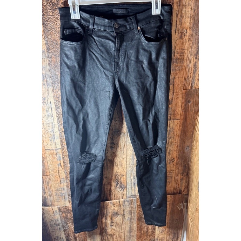 7 For All Mankind‎ Womens Black Coated Denim Distressed Ankle Skinny Jeans